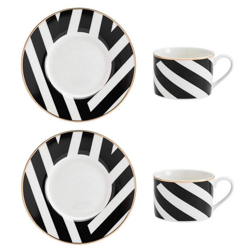 Mikasa Luxe Deco China Tea Cups and Saucers with Geometric Stripe