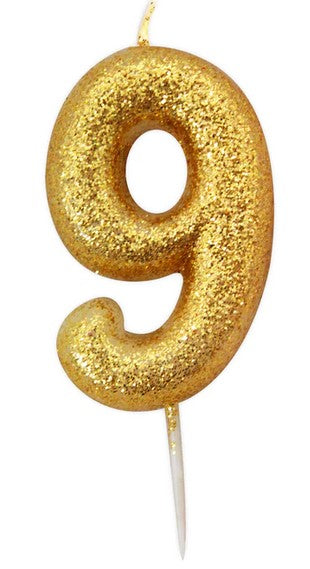 Creative Party Gold Glitter Numeral Moulded Pick Candle - Age 9